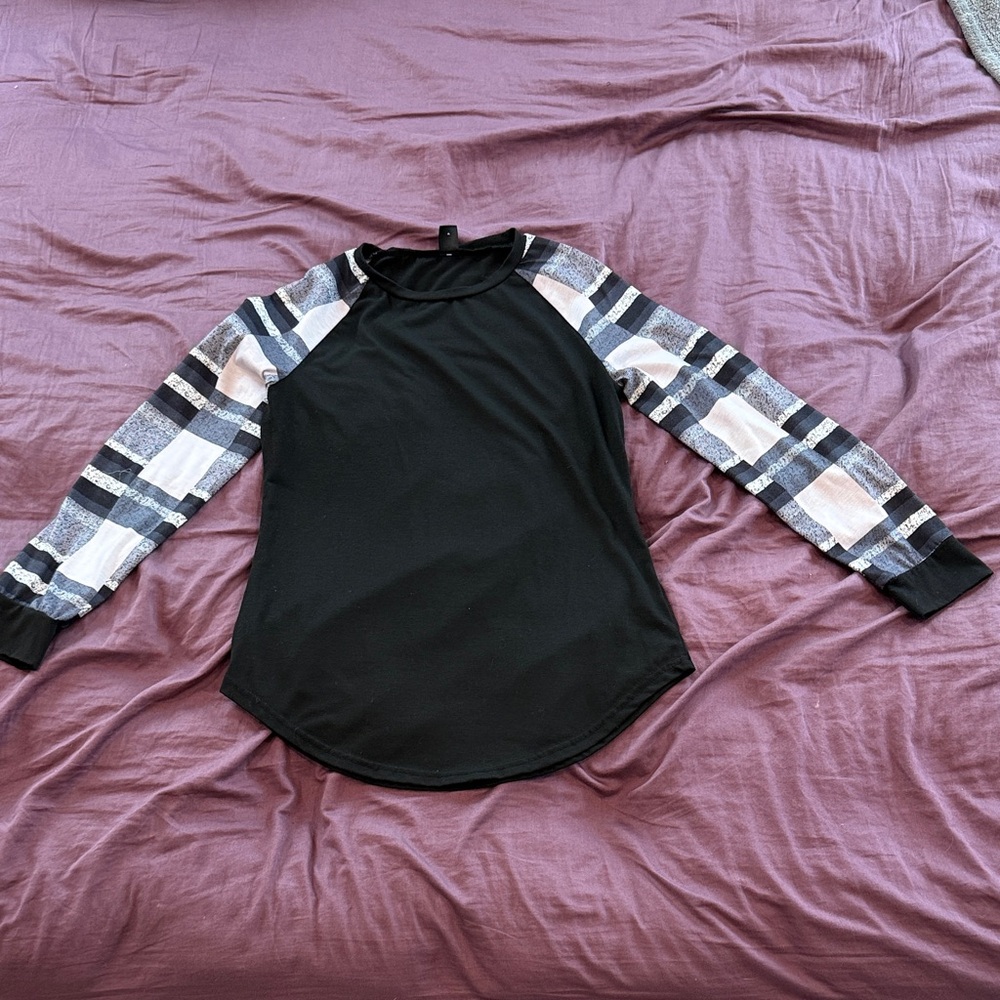 Plaid Sleeve Black Women's Top